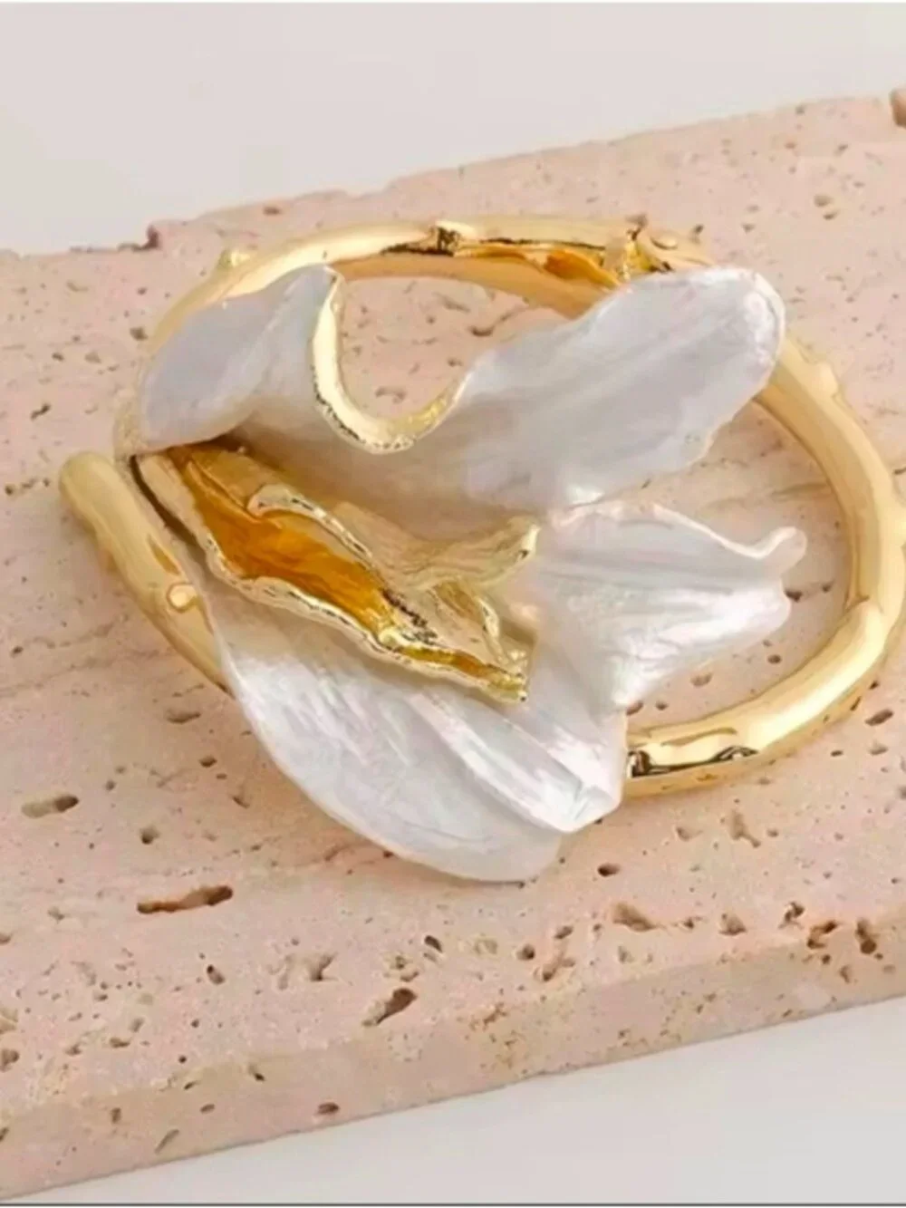 Gold and White Floral Sculpted Cuff Bracelet
